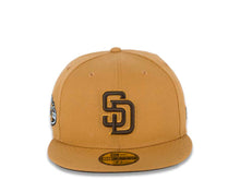 Load image into Gallery viewer, San Diego Padres New Era MLB 59FIFTY 5950 Fitted Cap Hat Panama Tan Crown/Visor Brown/Temple Gold Logo 50th Anniversary Side Patch Brown UV
