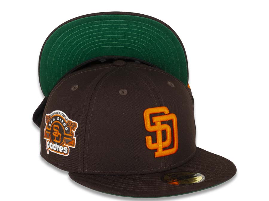 San Diego Padres New Era MLB 59Fifty 5950 Fitted Cap Hat Dark Brown Crown Orange Logo San Diego Stadium Side Patch Green UV