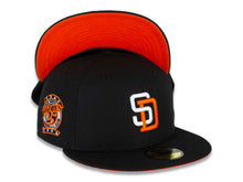 Load image into Gallery viewer, San Diego Padres New Era MLB 59FIFTY 5950 Fitted Cap Hat Black Crown/Visor White/Orange Logo 25th Anniversary Side Patch Orange UV
