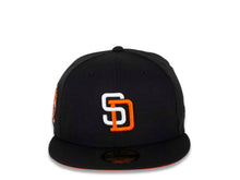 Load image into Gallery viewer, San Diego Padres New Era MLB 59FIFTY 5950 Fitted Cap Hat Black Crown/Visor White/Orange Logo 25th Anniversary Side Patch Orange UV
