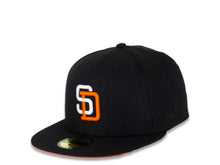 Load image into Gallery viewer, San Diego Padres New Era MLB 59FIFTY 5950 Fitted Cap Hat Black Crown/Visor White/Orange Logo 25th Anniversary Side Patch Orange UV
