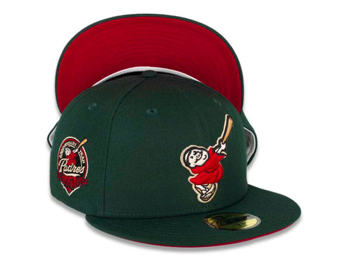 San Diego Padres New Era MLB 59FIFTY 5950 Fitted Cap Hat Dark Green Crown/Visor Red/Bronze “Swinging Friar” Logo 40th Anniversary Side Patch Red UV