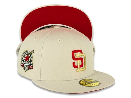 San Diego Padres New Era MLB 59FIFTY 5950 Fitted Cap Hat Stone White Crown/Visor Red/Metallic Gold Logo 40th Anniversary Side Patch Red UV