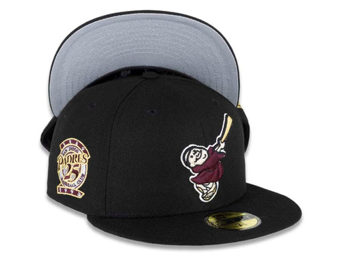 San Diego Padres New Era MLB 59FIFTY 5950 Fitted Cap Hat Black Crown/Visor Maroon/Pineapple Gold “Swinging Friar” Logo 25th Anniversary Side Patch Gray UV