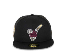 Load image into Gallery viewer, San Diego Padres New Era MLB 59FIFTY 5950 Fitted Cap Hat Black Crown/Visor Maroon/Pineapple Gold “Swinging Friar” Logo 25th Anniversary Side Patch Gray UV

