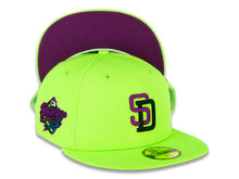 Load image into Gallery viewer, San Diego Padres New Era MLB 59FIFTY 5950 Fitted Cap Hat Green Shock Crown/Visor Dark Purple/Black Logo 1998 World Series Side Patch Dark Purple UV
