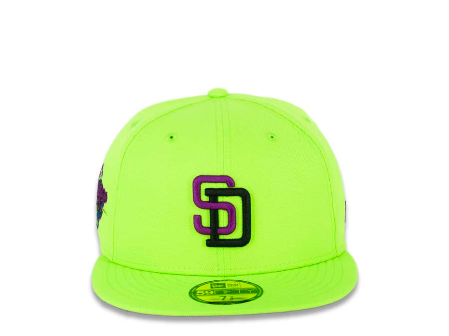 (City Connect Colors) San Diego Padres New Era MLB 59FIFTY 5950 Fitted Cap Hat Light Teal Crown/Visor Magenta/Yellow Script Logo Stadium Side Patch 7
