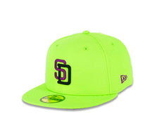 Load image into Gallery viewer, San Diego Padres New Era MLB 59FIFTY 5950 Fitted Cap Hat Green Shock Crown/Visor Dark Purple/Black Logo 1998 World Series Side Patch Dark Purple UV
