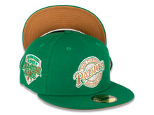 Load image into Gallery viewer, San Diego Padres New Era MLB 59FIFTY 5950 Fitted Cap Hat Green Crown/Visor Light Bronze/White/Green &quot;Baseball Club&quot; Logo 1992 All-Star Game Side Patch Light Bronze UV
