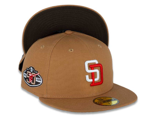 San Diego Padres New Era MLB 59FIFTY 5950 Fitted Cap Hat Light Bronze Canvas Crown/Visor White/Red Logo 50th Anniversary Side Patch Brown UV