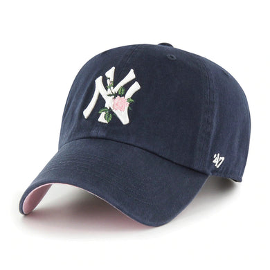 New York Yankees '47 MLB Clean Up Adjustable Cap Hat Navy Crown/Visor White Logo with Pink/Green “Rose” Pink UV