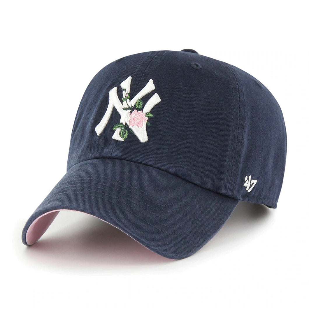 New York Yankees '47 MLB Clean Up Adjustable Cap Hat Navy Crown/Visor White Logo with Pink/Green “Rose” Pink UV