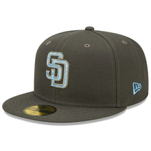 Load image into Gallery viewer, San Diego Padres New Era MLB 59FIFTY 5950 Fitted Cap Hat Dark Gray Crown/Visor Sky Blue/Gray Logo (2022 Father&#39;s Day)
