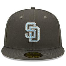 Load image into Gallery viewer, San Diego Padres New Era MLB 59FIFTY 5950 Fitted Cap Hat Dark Gray Crown/Visor Sky Blue/Gray Logo (2022 Father&#39;s Day)
