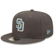 Load image into Gallery viewer, San Diego Padres New Era MLB 9FIFTY 950 Snapback Cap Hat Dark Gray Crown/Visor Sky Blue/Gray Logo (2022 Father&#39;s Day)

