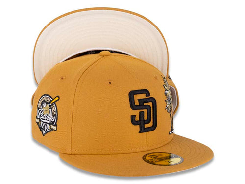 San Diego Padres New Era MLB 59FIFTY 5950 Fitted Cap Hat Panama Tan Crown/Visor Black Logo With Palm Tree 40th Anniversary Side Match Chrome White UV