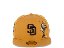 Load image into Gallery viewer, San Diego Padres New Era MLB 59FIFTY 5950 Fitted Cap Hat Panama Tan Crown/Visor Black Logo With Palm Tree 40th Anniversary Side Match Chrome White UV
