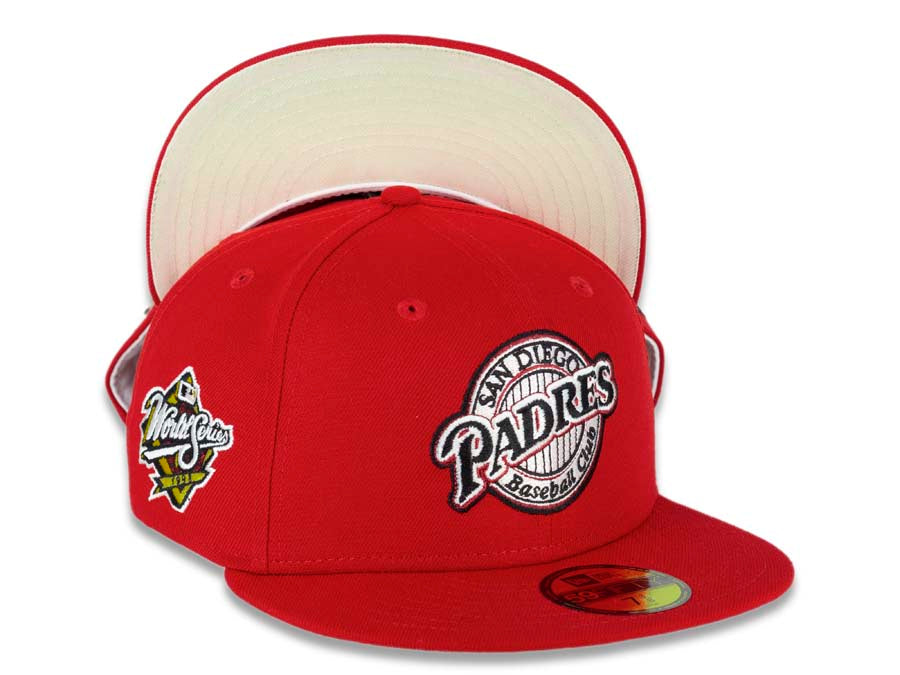 San Diego Padres New Era MLB 59FIFTY 5950 Fitted Cap Hat Red Crown/Visor Black/Chrome White Baseball Clube Cooperstown Retro Logo 1998  World Series Side Patch Chrome White UV