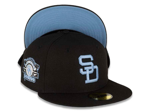 San Diego Padres New Era MLB 59FIFTY 5950 Fitted Cap Hat Black Crown/Visor Sky Blue Cooperstown Retro Logo Stadium Side Patch Sky Blue UV