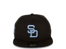 Load image into Gallery viewer, San Diego Padres New Era MLB 59FIFTY 5950 Fitted Cap Hat Black Crown/Visor Sky Blue Cooperstown Retro Logo Stadium Side Patch Sky Blue UV
