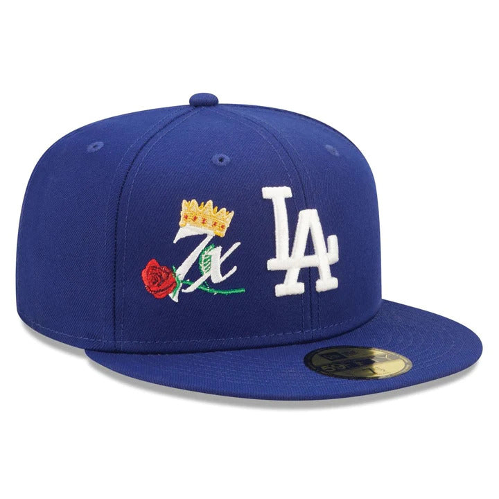 Los Angeles Dodgers New Era MLB 59FIFTY 5950 Fitted Cap Hat Royal Blue Crown/Visor Team Color Logo with 7x Crown Rose (Crown Champs)