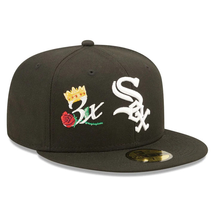 Chicago White Sox New Era MLB 59FIFTY 5950 Fitted Cap Hat Black Crown/Visor Team Color Logo with 3x Crown Rose (Crown Champs)