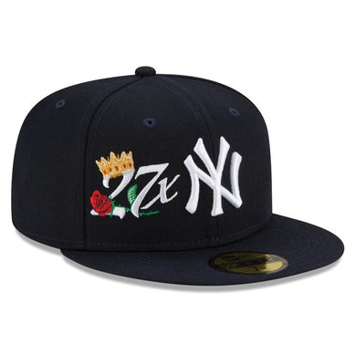 New York Yankees New Era MLB 59FIFTY 5950 Fitted Cap Hat Navy Crown/Visor Team Color Logo with 27x Crown Rose (Crown Champs)