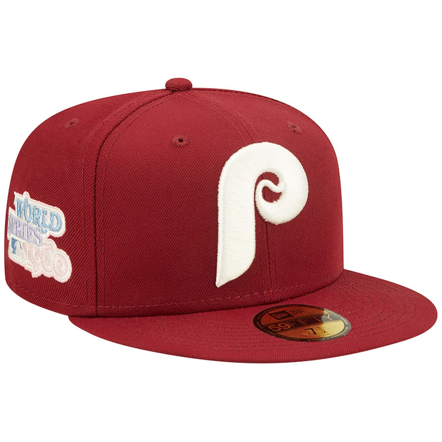 Philadelphia Phillies New Era MLB 59FIFTY 5950 Fitted Cap Hat Cardinal Crown/Visor Team Color Cooperstown Retro Logo 1980 World Series Side Patch Lavender UV (Pop Sweat)