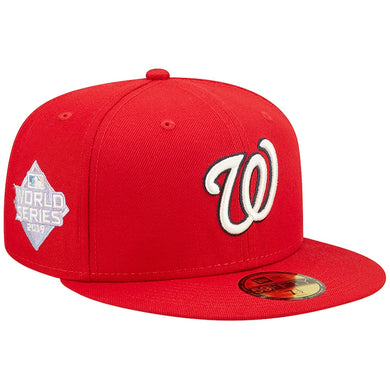 Washington Nationals New Era MLB 59FIFTY 5950 Fitted Cap Hat Red Crown/Visor Team Color Logo 2019 World Series Side Patch Lavender UV (Pop Sweat)