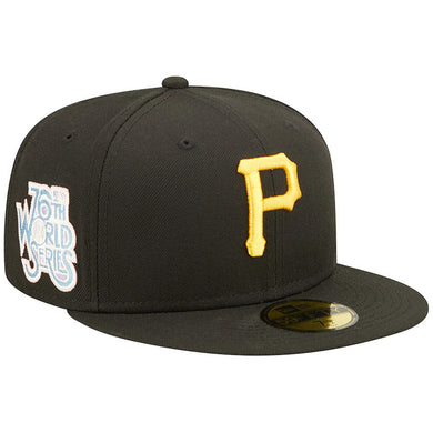 Pittsburgh Pirates New Era MLB 59FIFTY 5950 Fitted Cap Hat Black Crown/Visor Team Color Logo 1979 76th World Series Side Patch Baby Blue UV (Pop Sweat)