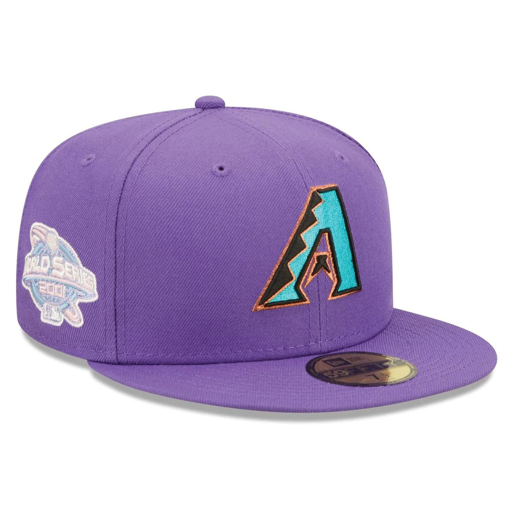 Arizona Diamondbacks New Era MLB 59FIFTY 5950 Fitted Cap Hat Purple Crown/Visor Team Color Cooperstown Retro Logo 2001 World Series Side Patch Pink UV (Pop Sweat)