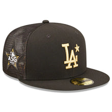 Load image into Gallery viewer, Los Angeles Dodgers New Era MLB 59FIFTY 5950 Mesh Trucker Fitted Cap Hat Black Crown/Visor Metallic Gold Logo With Star 2022 All-Star Game Side Patch
