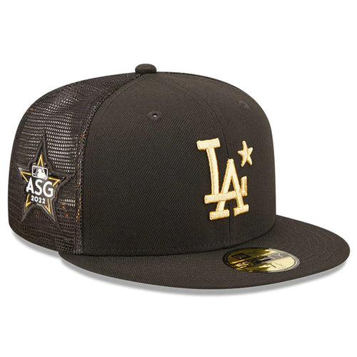 Los Angeles Dodgers New Era MLB 59FIFTY 5950 Mesh Trucker Fitted Cap Hat Black Crown/Visor Metallic Gold Logo With Star 2022 All-Star Game Side Patch