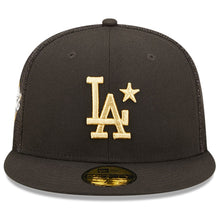 Load image into Gallery viewer, Los Angeles Dodgers New Era MLB 59FIFTY 5950 Mesh Trucker Fitted Cap Hat Black Crown/Visor Metallic Gold Logo With Star 2022 All-Star Game Side Patch
