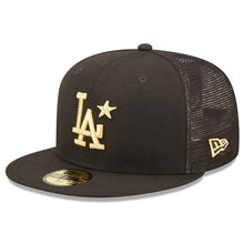 Load image into Gallery viewer, Los Angeles Dodgers New Era MLB 59FIFTY 5950 Mesh Trucker Fitted Cap Hat Black Crown/Visor Metallic Gold Logo With Star 2022 All-Star Game Side Patch
