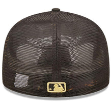 Load image into Gallery viewer, Los Angeles Dodgers New Era MLB 59FIFTY 5950 Mesh Trucker Fitted Cap Hat Black Crown/Visor Metallic Gold Logo With Star 2022 All-Star Game Side Patch
