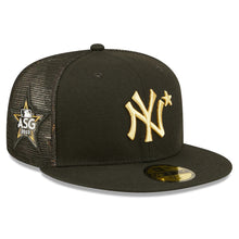 Load image into Gallery viewer, New York Yankees New Era MLB 59FIFTY 5950 Mesh Trucker Fitted Cap Hat Black Crown/Visor Metallic Gold Logo with Star 2022 All-Star Game Side Patch (2022 All-Star Game On-Field)
