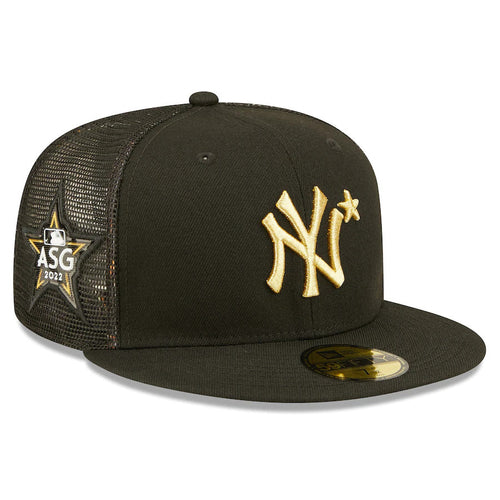New York Yankees New Era MLB 59FIFTY 5950 Mesh Trucker Fitted Cap Hat Black Crown/Visor Metallic Gold Logo with Star 2022 All-Star Game Side Patch (2022 All-Star Game On-Field)