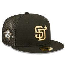 Load image into Gallery viewer, San Diego Padres New Era MLB 59FIFTY 5950 Mesh Trucker Fitted Cap Hat Black Crown/Visor Metallic Gold Logo with Star 2022 All-Star Game Side Patch (2022 All-Star Game On-Field)
