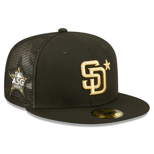 San Diego Padres New Era MLB 59FIFTY 5950 Mesh Trucker Fitted Cap Hat Black Crown/Visor Metallic Gold Logo with Star 2022 All-Star Game Side Patch (2022 All-Star Game On-Field)