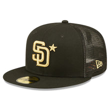 Load image into Gallery viewer, San Diego Padres New Era MLB 59FIFTY 5950 Mesh Trucker Fitted Cap Hat Black Crown/Visor Metallic Gold Logo with Star 2022 All-Star Game Side Patch (2022 All-Star Game On-Field)
