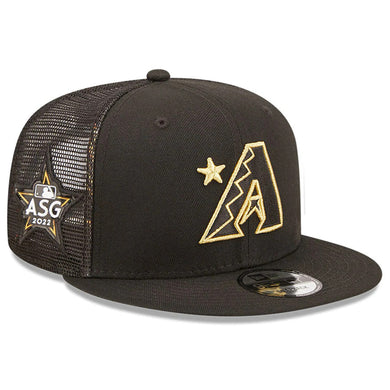 Arizona Diamondbacks New Era MLB 9FIFTY 950 Mesh Trucker Snapback Cap Hat Black Crown/Visor Metallic Gold Logo with Star 2022 All-Star Game Side Patch (2022 All-Star Game On-Field)