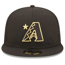 Load image into Gallery viewer, Arizona Diamondbacks New Era MLB 9FIFTY 950 Mesh Trucker Snapback Cap Hat Black Crown/Visor Metallic Gold Logo with Star 2022 All-Star Game Side Patch (2022 All-Star Game On-Field)
