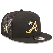Load image into Gallery viewer, Atlanta Braves New Era MLB 9FIFTY 950 Mesh Trucker Snapback Cap Hat Black Crown/Visor Metallic Gold Logo with Star 2022 All-Star Game Side Patch (2022 All-Star Game On-Field)
