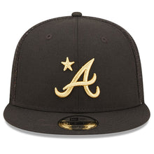Load image into Gallery viewer, Atlanta Braves New Era MLB 9FIFTY 950 Mesh Trucker Snapback Cap Hat Black Crown/Visor Metallic Gold Logo with Star 2022 All-Star Game Side Patch (2022 All-Star Game On-Field)
