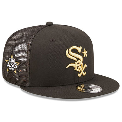 Chicago White Sox New Era MLB 9FIFTY 950 Mesh Trucker Snapback Cap Hat Black Crown/Visor Metallic Gold Logo with Star 2022 All-Star Game Side Patch (2022 All-Star Game On-Field)