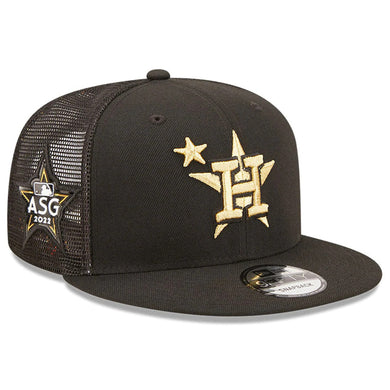 Houston Astros New Era MLB 9FIFTY 950 Mesh Trucker Snapback Cap Hat Black Crown/Visor Metallic Gold Logo with Star 2022 All-Star Game Side Patch (2022 All-Star Game On-Field)
