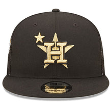 Load image into Gallery viewer, Houston Astros New Era MLB 9FIFTY 950 Mesh Trucker Snapback Cap Hat Black Crown/Visor Metallic Gold Logo with Star 2022 All-Star Game Side Patch (2022 All-Star Game On-Field)
