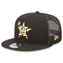 Load image into Gallery viewer, Houston Astros New Era MLB 9FIFTY 950 Mesh Trucker Snapback Cap Hat Black Crown/Visor Metallic Gold Logo with Star 2022 All-Star Game Side Patch (2022 All-Star Game On-Field)
