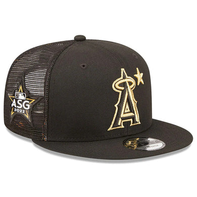 Los Angeles Anaheim Angels New Era MLB 9FIFTY 950 Mesh Trucker Snapback Cap Hat Black Crown/Visor Metallic Gold Logo with Star 2022 All-Star Game Side Patch (2022 All-Star Game On-Field)